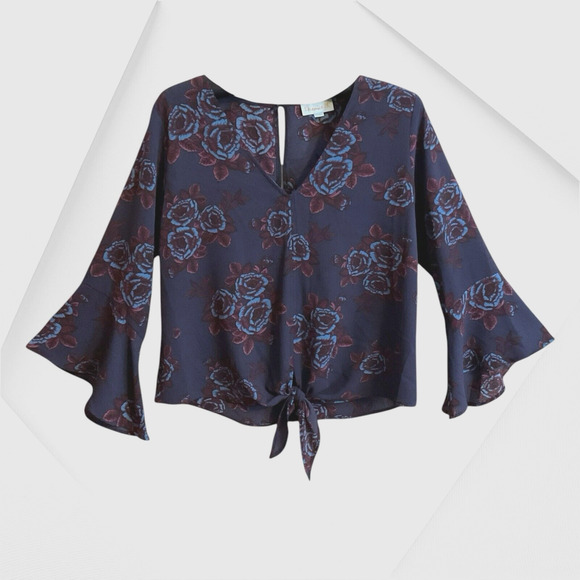 "Veronica M"-Blouse Top Wo men's Size XS Blue Wine Bell Sleeves V-Neck Tie Front - Picture 1 of 13
